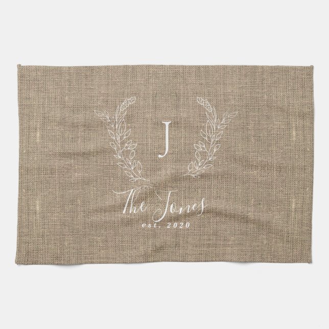 Rustic elegant personalized family monogram name kitchen towel (Horizontal)