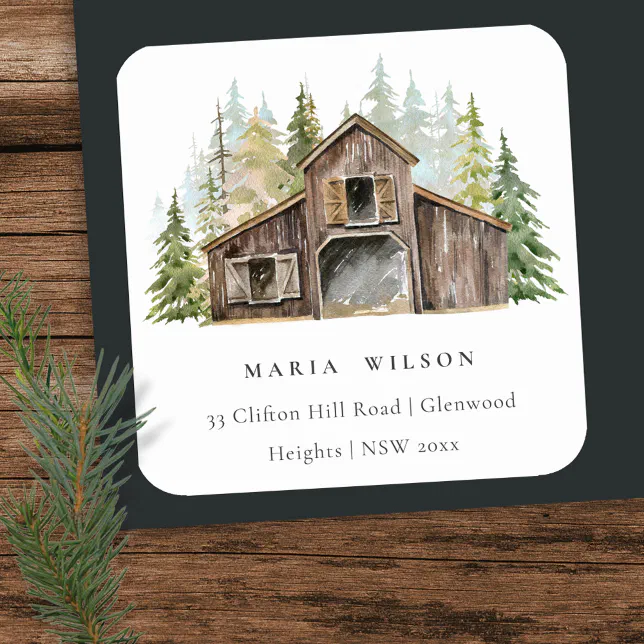 Rustic Elegant Pine Woods Forest Barnyard Address Square Sticker | Zazzle
