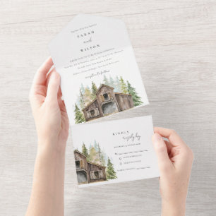 Rustic Elegant Pine Woods Forest Barnyard Wedding All In One Invitation