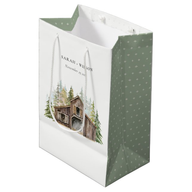 Rustic Elegant Pine Woods Forest Barnyard Wedding  Medium Gift Bag (Front Angled)