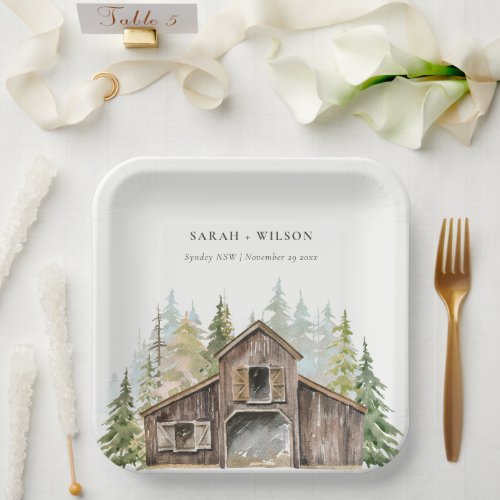 Rustic Elegant Pine Woods Forest Barnyard Wedding Paper Plates