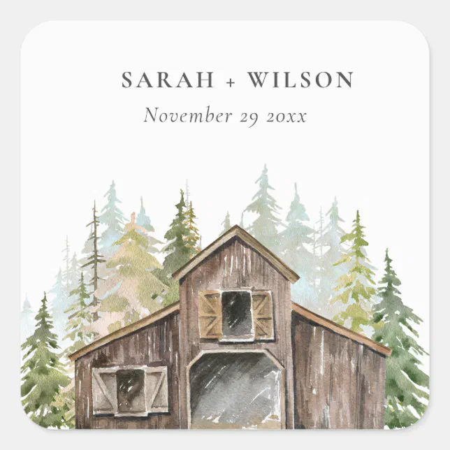 Rustic Elegant Pine Woods Forest Barnyard Wedding Square Sticker | Zazzle