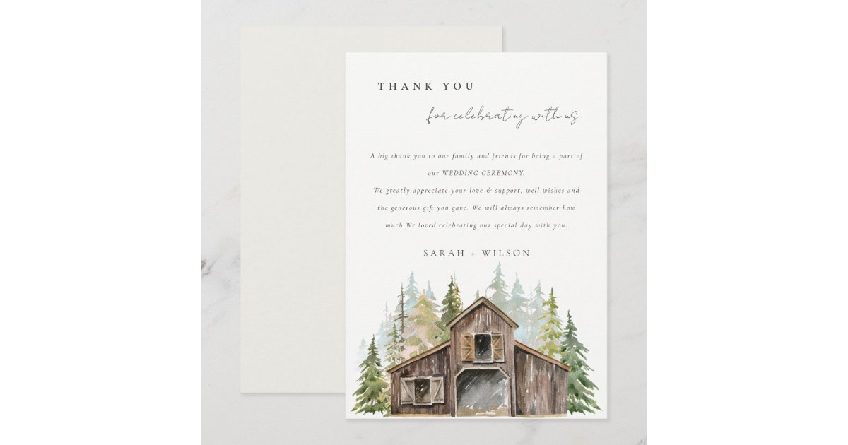 Rustic Elegant Pine Woods Forest Barnyard Wedding Thank You Card | Zazzle