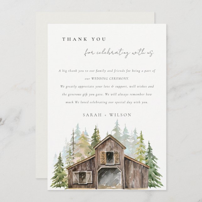 Rustic Elegant Pine Woods Forest Barnyard Wedding  Thank You Card (Front/Back)