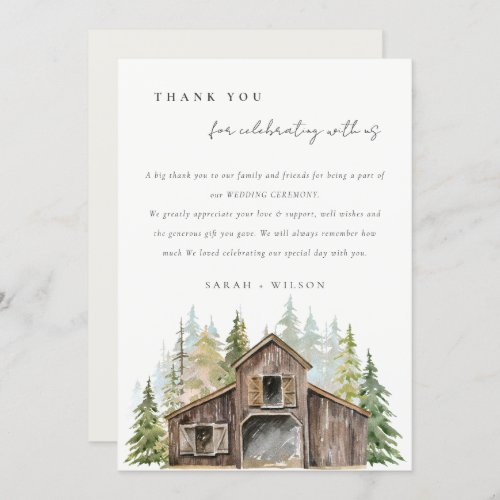 Rustic Elegant Pine Woods Forest Barnyard Wedding  Thank You Card