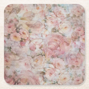 Rustic elegant pink collage floral typography square paper coaster