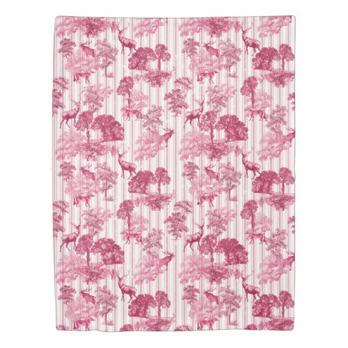 Rustic Elegant Pink French Toile Deer Stripes Duvet Cover