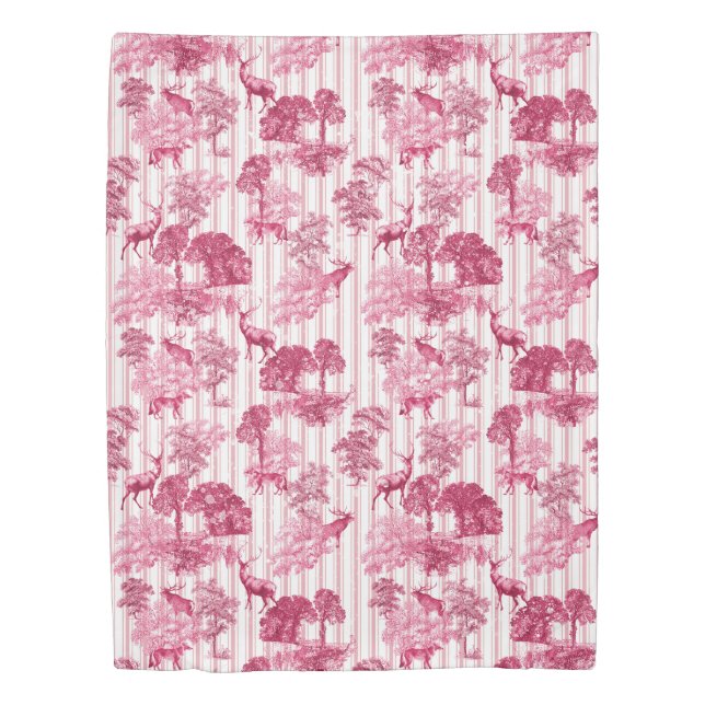 Rustic Elegant Pink French Toile Deer Stripes Duvet Cover (Front)