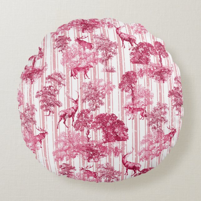 Rustic Elegant Pink French Toile Deer Stripes Round Pillow (Front)