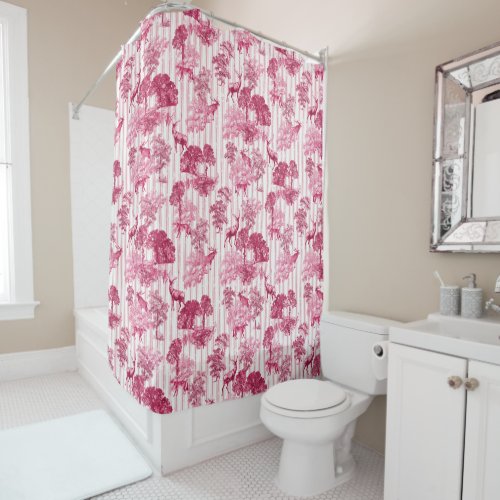 Rustic Elegant Pink French Toile Deer Stripes Shower Curtain