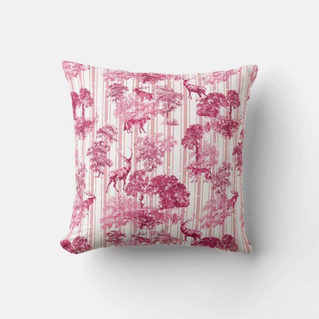 Rustic Elegant Pink French Toile Deer Stripes  Throw Pillow (Front)