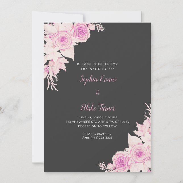 Rustic Elegant Pink Roses Fall Shadow Gray Wedding Invitation (Front)