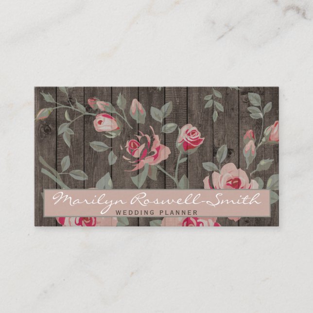 Rustic Elegant  Pink Roses on Wood Business Card (Front)