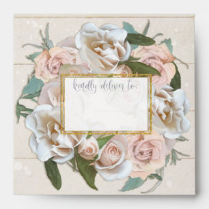 Rustic Elegant Pretty Rose Wreath Gold Wooden Envelope