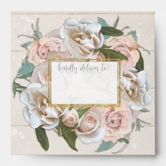 Rustic Elegant Pretty Rose Wreath Gold Wooden Envelope (Front)