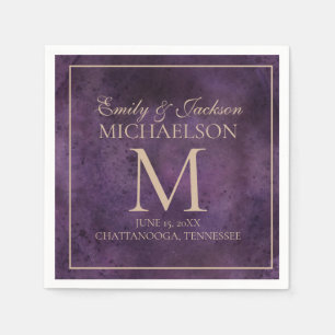 Rustic Elegant Purple Gold Monogram Wedding Napkins