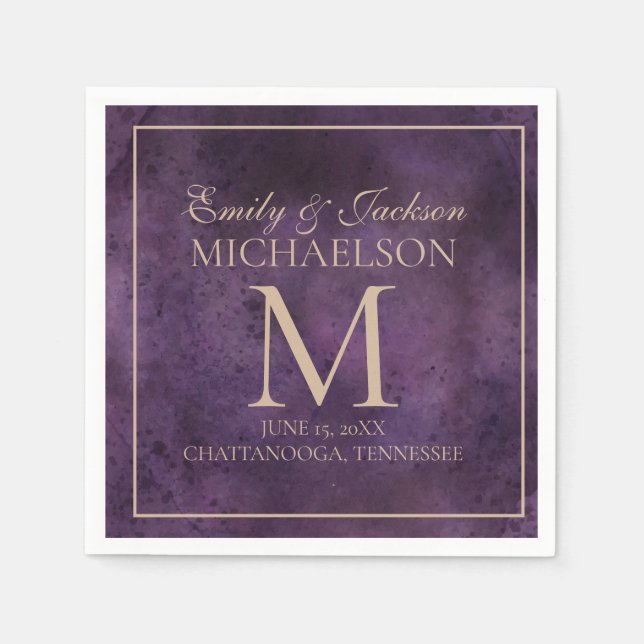 Rustic Elegant Purple Gold Monogram Wedding Napkins (Front)