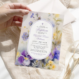Rustic Elegant Purple & Yellow Flowers Baptism Invitation