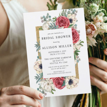 Rustic Elegant Red and Gold Floral Bridal Shower Invitation
