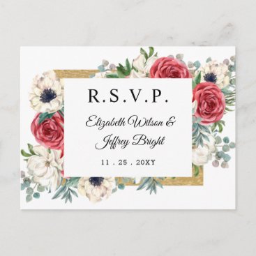 Rustic Elegant Red and Gold Floral Wedding RSVP Invitation Postcard