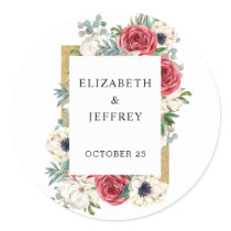 Rustic Elegant Red  and Gold Floral White Wedding  Classic Round Sticker