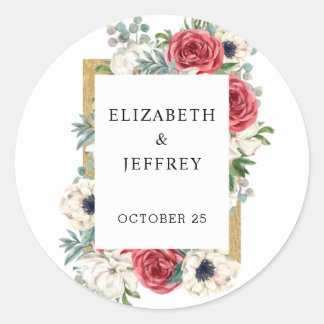 Rustic Elegant Red and Gold Floral White Wedding Classic Round Sticker