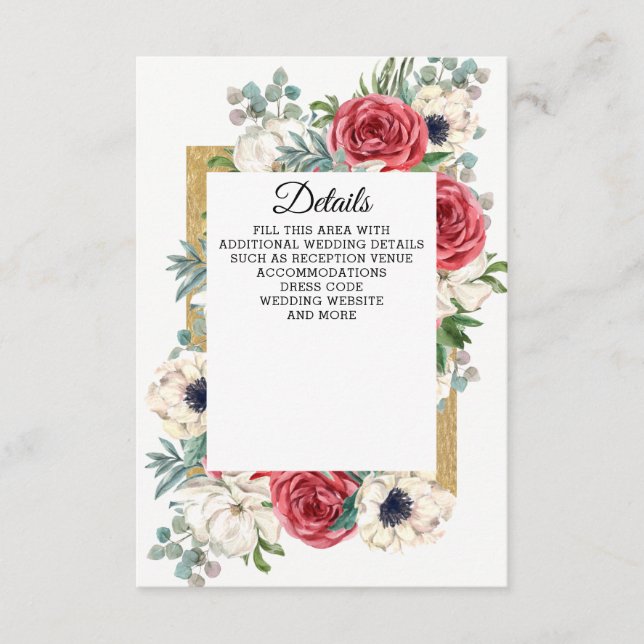 Rustic Elegant Red and Gold Floral White Wedding Enclosure Card (Front)