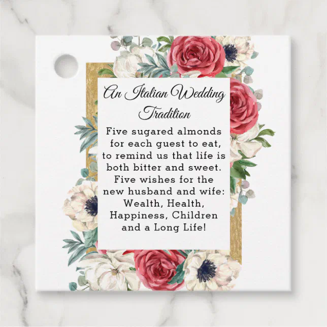 Rustic Elegant Red and Gold Floral White Wedding Favor Tags | Zazzle
