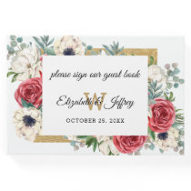 Rustic Elegant Red and Gold Floral White Wedding Guest Book