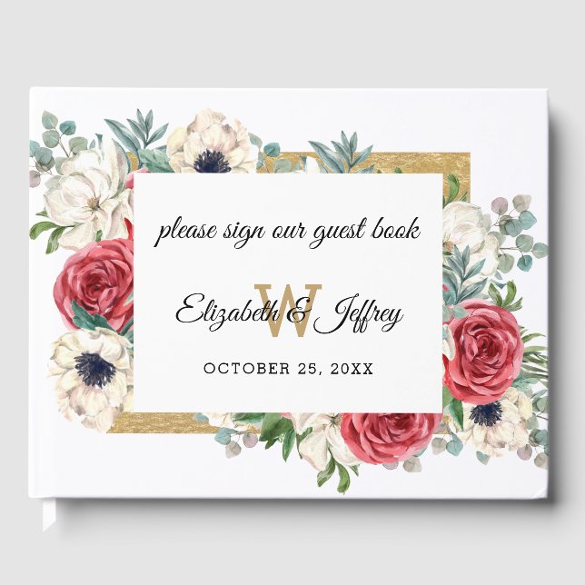Rustic Elegant Red and Gold Floral White Wedding Guest Book (Front)