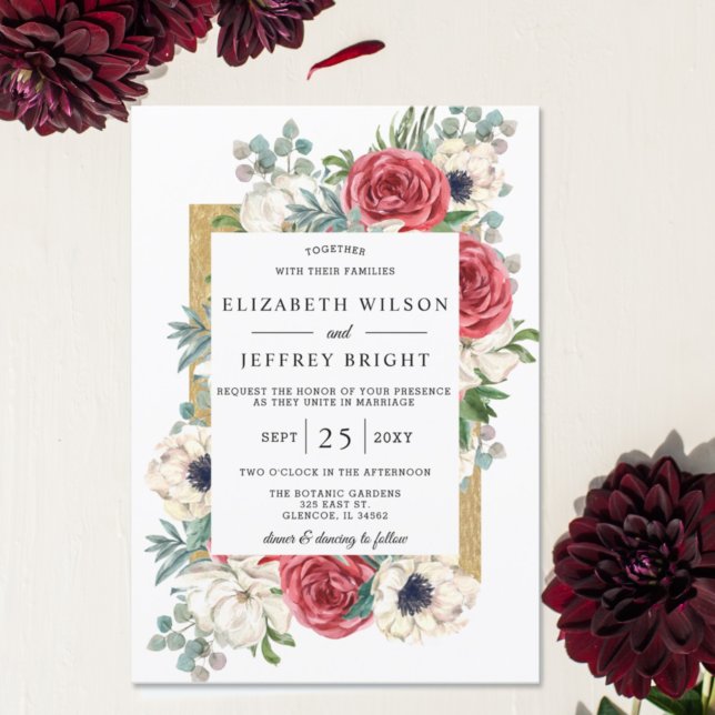 Rustic Elegant Red and Gold Floral White Wedding  Invitation (Creator Uploaded)