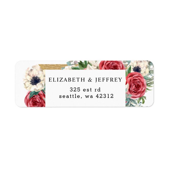 Rustic Elegant Red and Gold Floral White Wedding Label (Front)