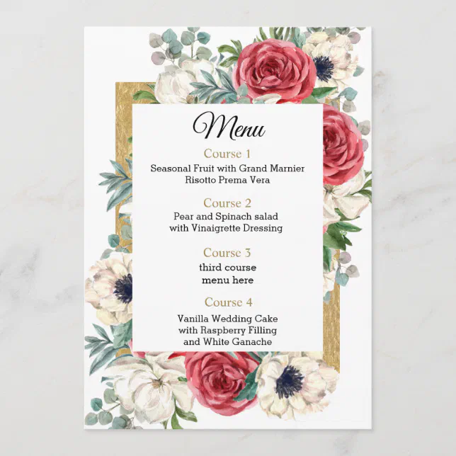 Rustic Elegant Red and Gold Floral White Wedding Menu | Zazzle