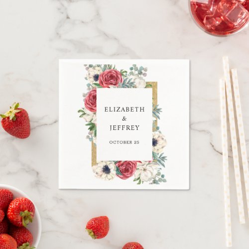 Rustic Elegant Red and Gold Floral White Wedding Napkins