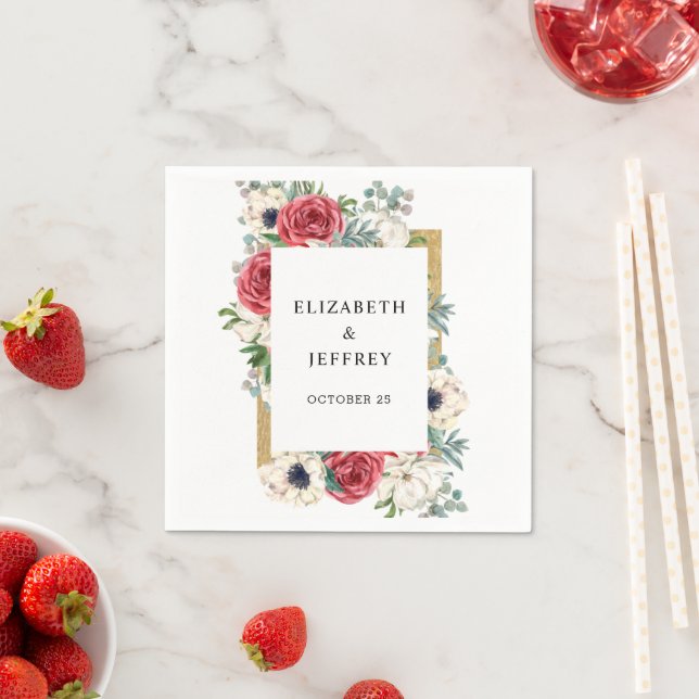 Rustic Elegant Red and Gold Floral White Wedding Napkins (Insitu)