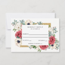 Rustic Elegant Red and Gold Floral White Wedding RSVP Card
