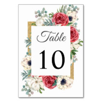 Rustic Elegant Red and Gold Floral White Wedding Table Number