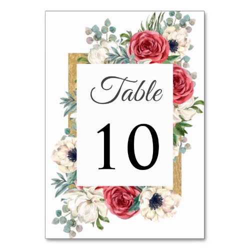 Rustic Elegant Red and Gold Floral White Wedding Table Number