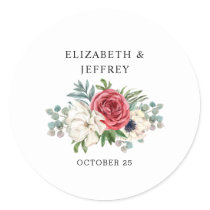 Rustic Elegant Red Floral White Wedding Classic Round Sticker
