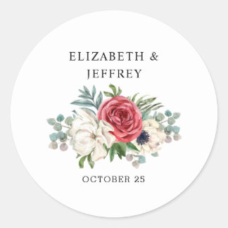 Rustic Elegant Red Floral White Wedding Classic Round Sticker