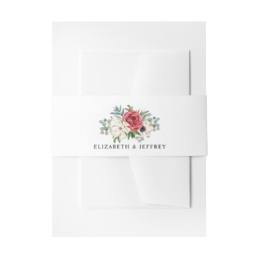 Rustic Elegant Red Floral White Wedding Invitation Belly Band