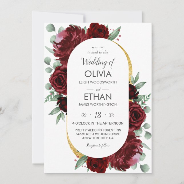 Rustic Elegant Red Rose Floral Gold White Wedding Invitation (Front)