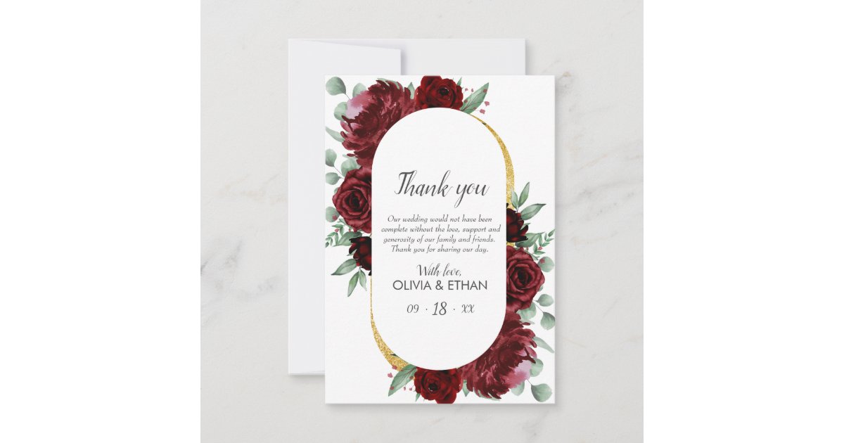 Rustic Elegant Red Rose Floral Gold White Wedding Thank You Card | Zazzle
