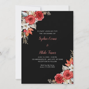 Rustic Elegant Red Roses Fall Black Wedding Invitation