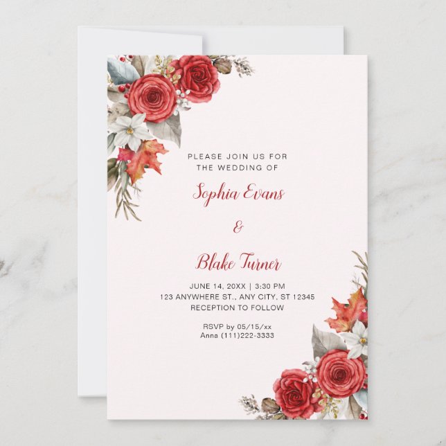 Rustic Elegant Red Roses Fall Light Pink Wedding Invitation (Front)