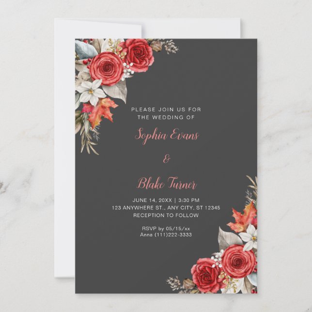 Rustic Elegant Red Roses Fall Shadow Gray Wedding Invitation (Front)