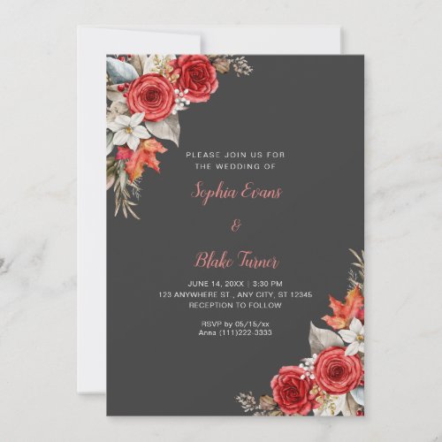Rustic Elegant Red Roses Fall Shadow Gray Wedding Invitation