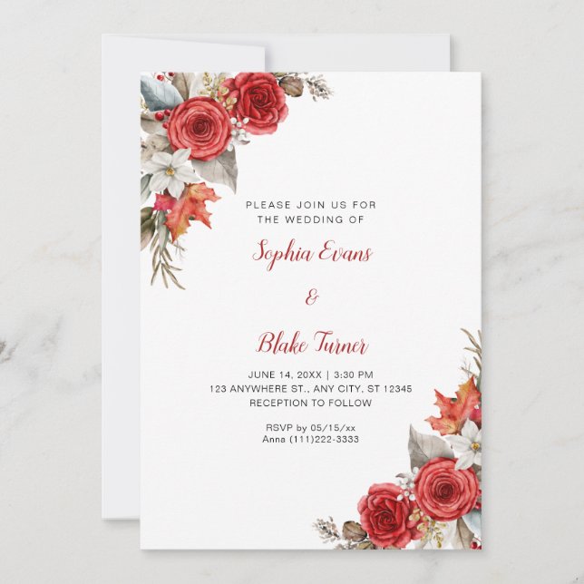 Rustic Elegant Red Roses Fall White Wedding Invitation (Front)