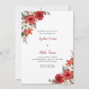 Rustic Elegant Red Roses Fall White Wedding Invitation