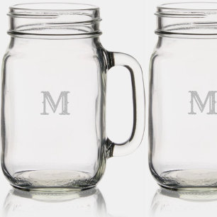 Rustic Elegant Retro Monogrammed Engraved Etched Mason Jar W/ Handle